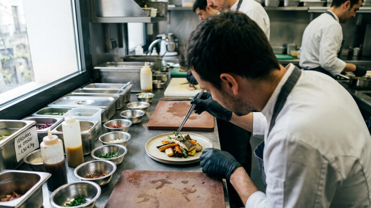 Manos de un cocinero emplatando un plato de temporada en una cocina profesional madrileña durante la preparación del servicio de noche