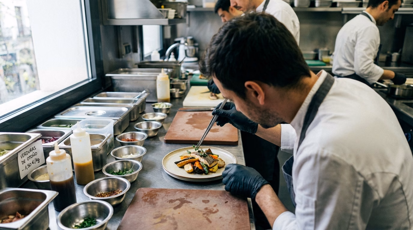 Manos de un cocinero emplatando un plato de temporada en una cocina profesional madrileña durante la preparación del servicio de noche