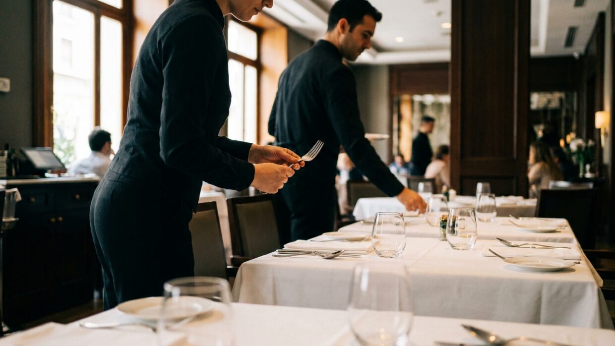 Interior de un restaurante de alta cocina en Madrid con mesas preparadas para el servicio y luz tenue de ambiente