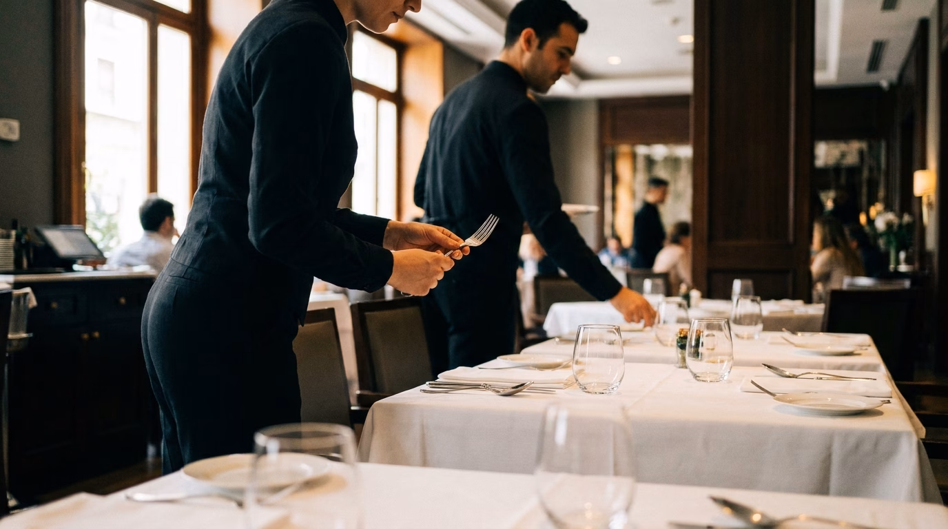 Interior de un restaurante de alta cocina en Madrid con mesas preparadas para el servicio y luz tenue de ambiente