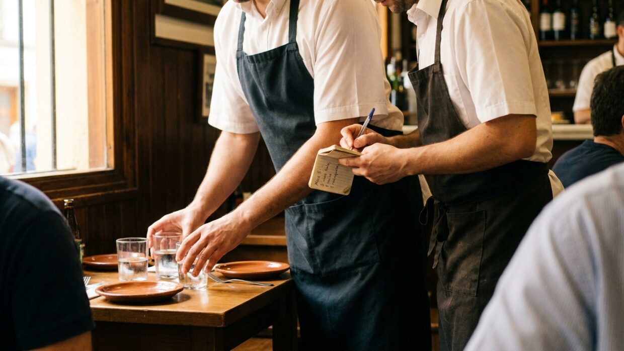 Trabajador de hostelería sirviendo en una mesa de restaurante mientras otro compañero toma nota del pedido en una libreta, en un local de ambiente tradicional andaluz