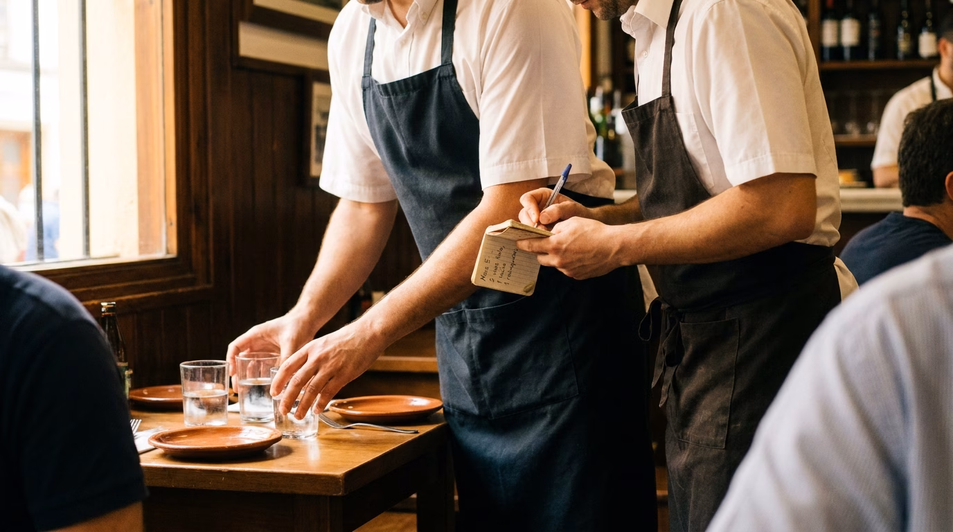 Trabajador de hostelería sirviendo en una mesa de restaurante mientras otro compañero toma nota del pedido en una libreta, en un local de ambiente tradicional andaluz