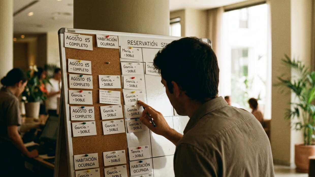 Recepcionista de hotel revisando panel de reservas en pantalla con ficha de ocupación casi completa para la fecha del eclipse de agosto en Navarra