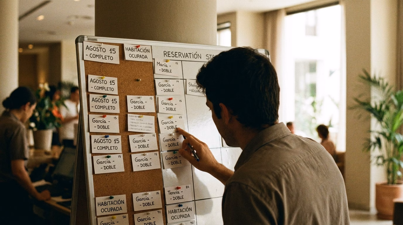 Recepcionista de hotel revisando panel de reservas en pantalla con ficha de ocupación casi completa para la fecha del eclipse de agosto en Navarra