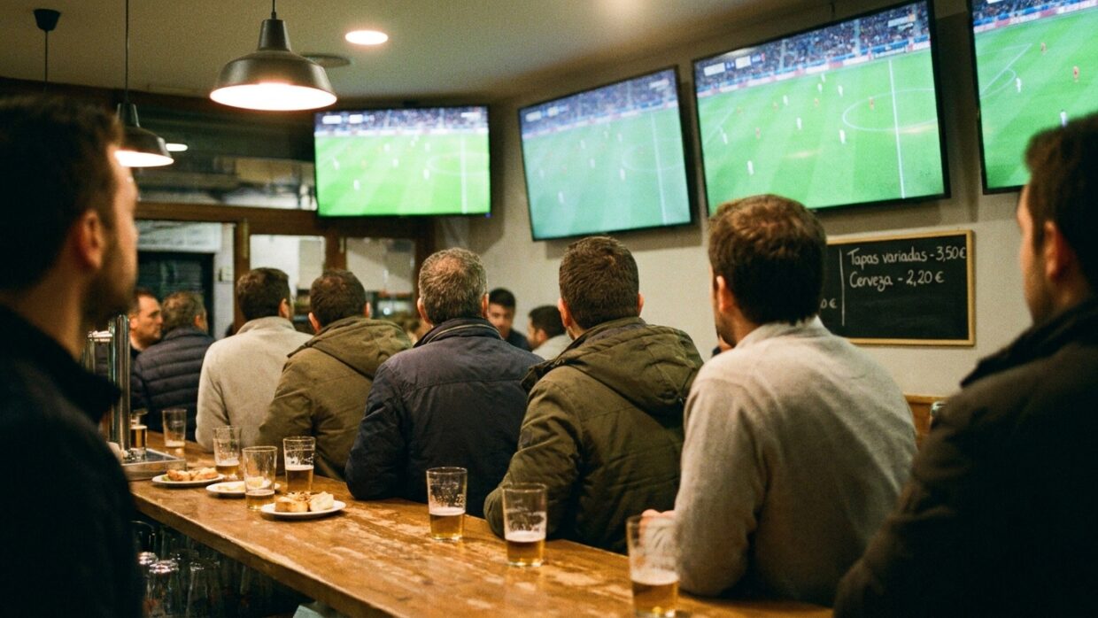 Interior de un bar con varias pantallas encendidas mostrando un partido de fútbol, clientes de espaldas mirando las retransmisiones y cañas sobre la barra.