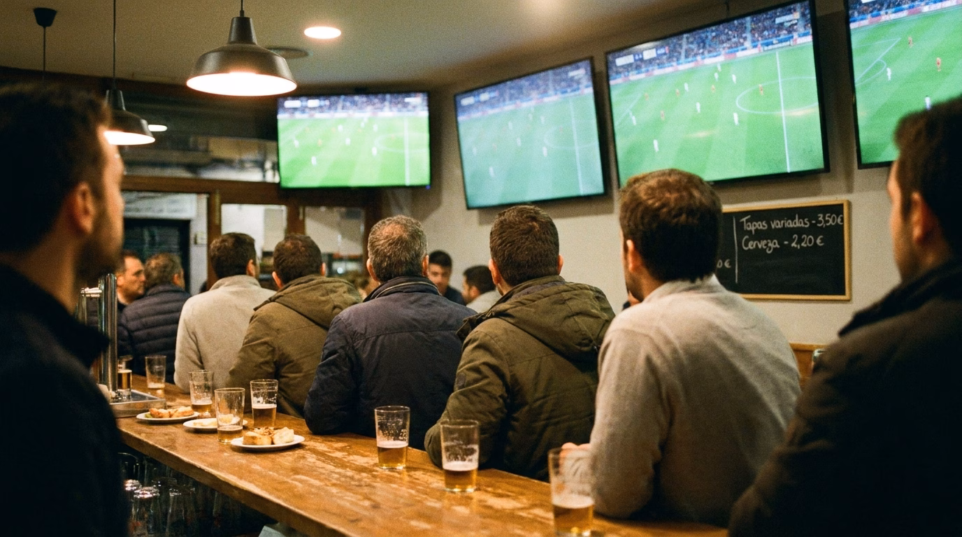 Interior de un bar con varias pantallas encendidas mostrando un partido de fútbol, clientes de espaldas mirando las retransmisiones y cañas sobre la barra.