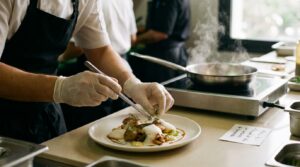 Cocinero concentrado emplatando un plato de alta cocina en la cocina de un restaurante, sin mirar a cámara