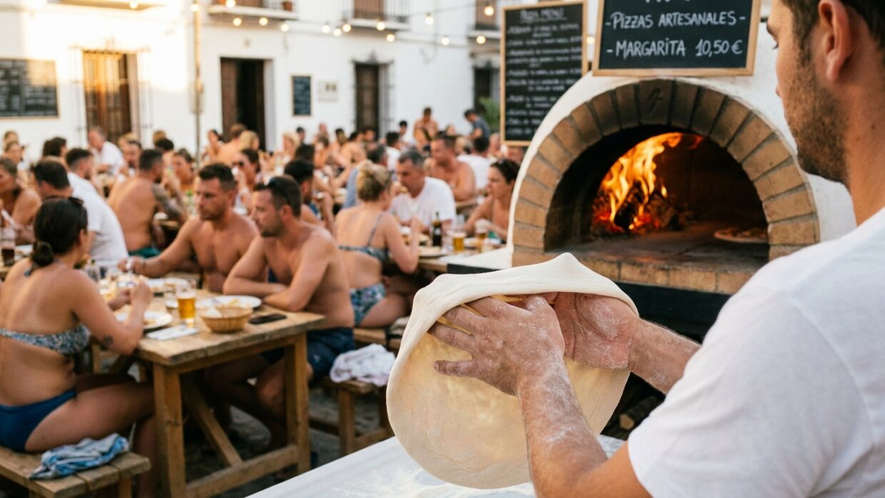 Pizzaiolo estirando masa de pizza napolitana a mano frente a un horno de leña encendido en un local animado de verano