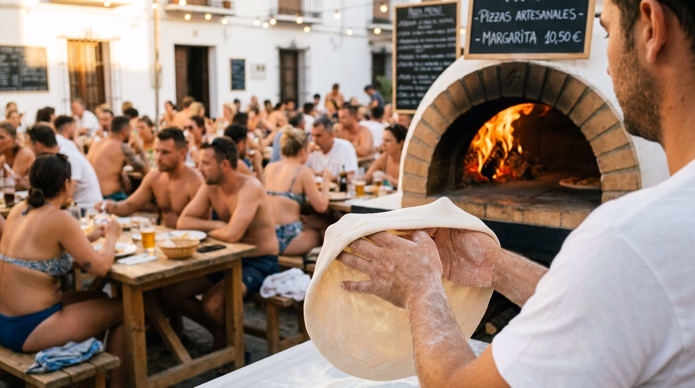 Pizzaiolo estirando masa de pizza napolitana a mano frente a un horno de leña encendido en un local animado de verano
