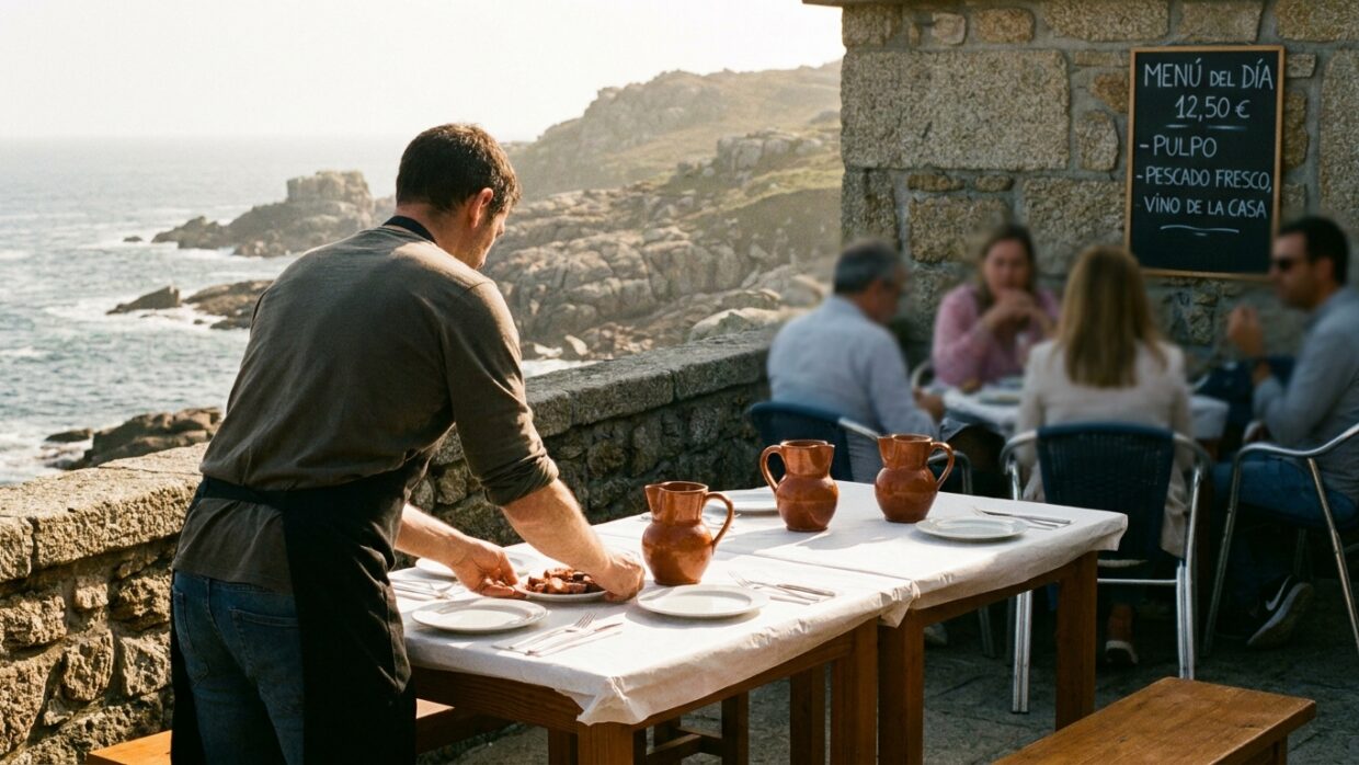 Terraza de un restaurante gallego con mesas de madera y vistas al mar, sin clientes, preparada para el servicio de verano