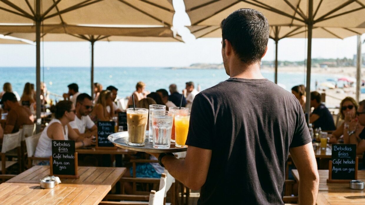 Camarero anónimo sirviendo bebidas en una terraza de chiringuito de playa durante el verano, con mesas llenas y el mar de fondo