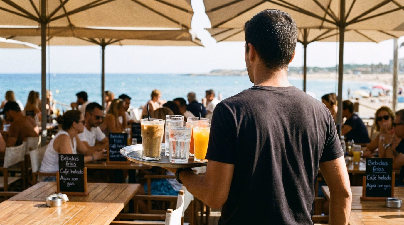 Camarero anónimo sirviendo bebidas en una terraza de chiringuito de playa durante el verano, con mesas llenas y el mar de fondo