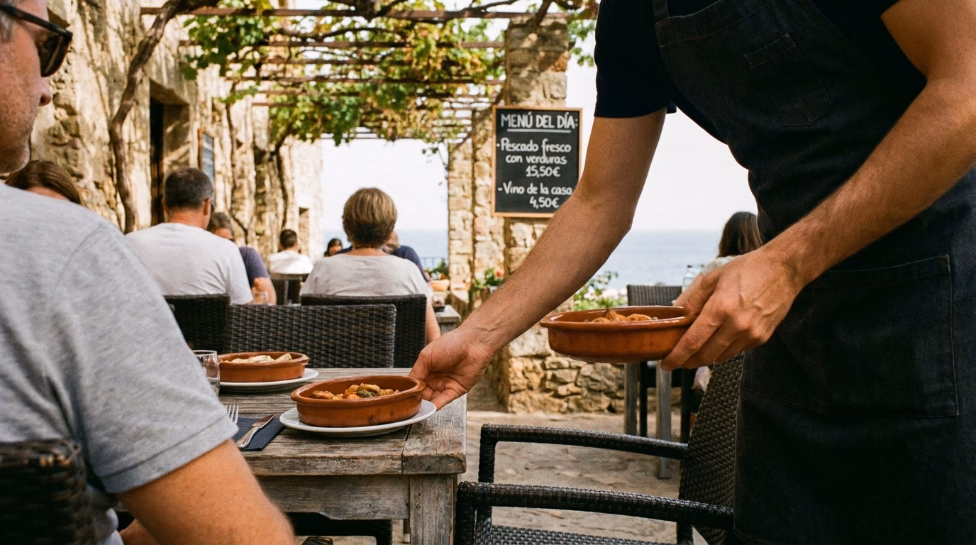 Camarero sirviendo platos en la terraza de un restaurante informal con mesas de madera en un entorno costero soleado
