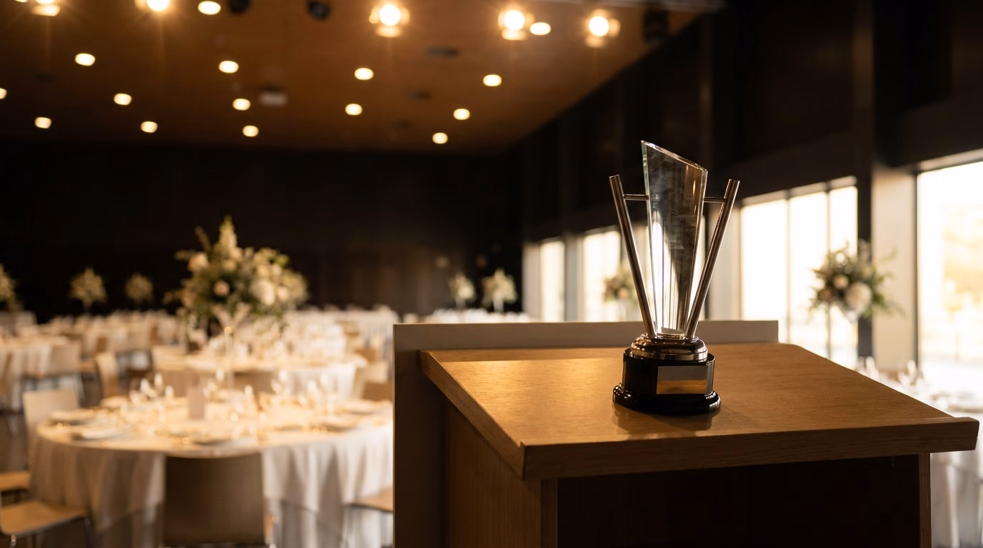 Galardón de hostelería sobre un atril en un salón de congresos iluminado, con mesas de gala al fondo