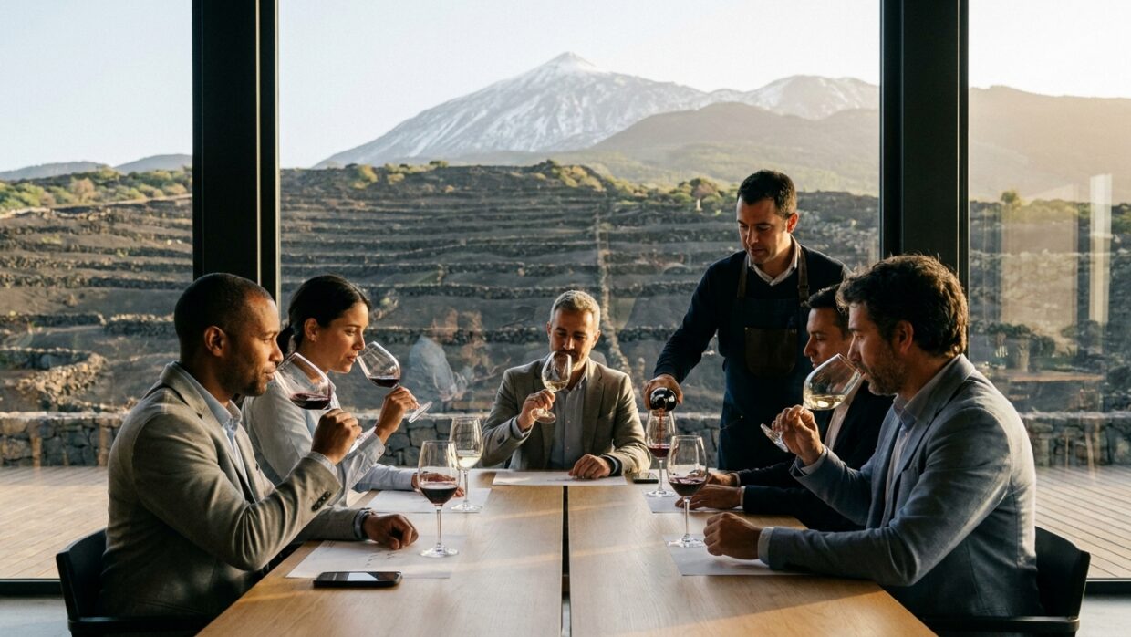 Cata de vinos en un congreso enologico en Tenerife con el Teide al fondo
