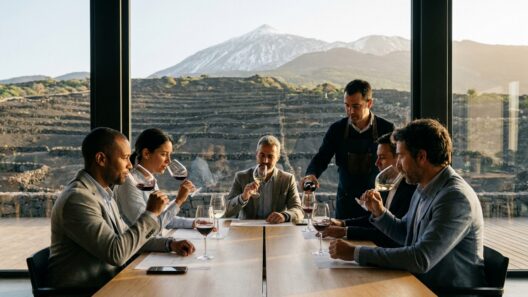 Cata de vinos en un congreso enologico en Tenerife con el Teide al fondo
