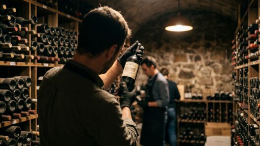 Sumiller anónimo examinando una botella de vino tinto en la bodega iluminada de un restaurante madrileño, rodeado de estanterías con miles de referencias
