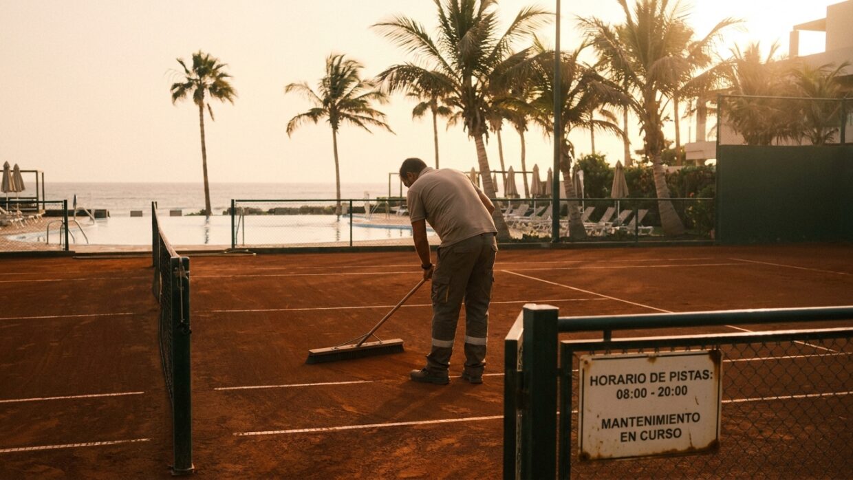 Piscina y zona de tenis de un hotel vacacional en Canarias al atardecer, sin personas identificables