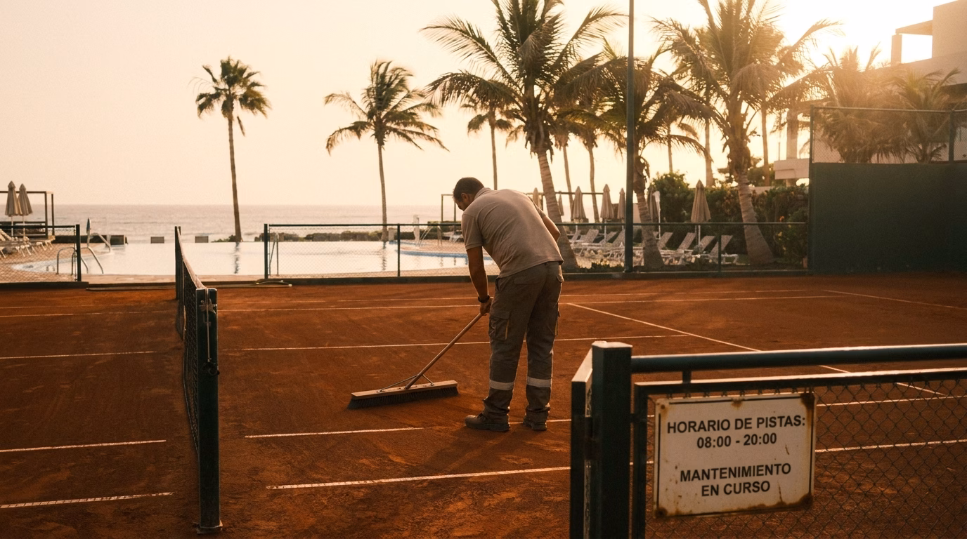Piscina y zona de tenis de un hotel vacacional en Canarias al atardecer, sin personas identificables