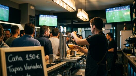 Camarero sirviendo cervezas en una barra de bar abarrotada durante la retransmisión de un partido de fútbol, con pantallas encendidas al fondo y aficionados de espaldas