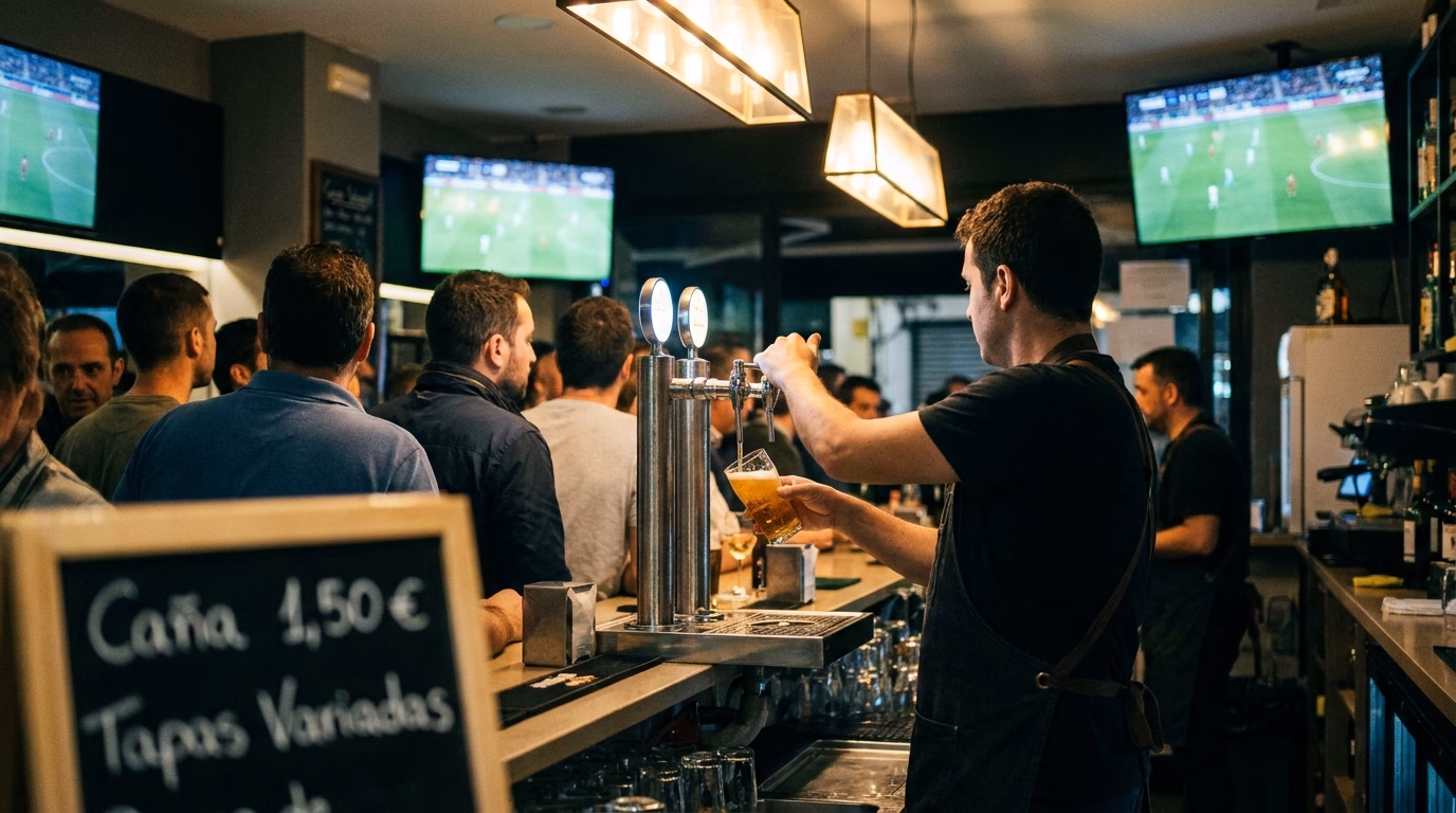 Camarero sirviendo cervezas en una barra de bar abarrotada durante la retransmisión de un partido de fútbol, con pantallas encendidas al fondo y aficionados de espaldas