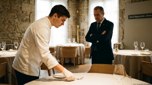 Alumno de hostelería en prácticas colocando cubertería en una mesa de restaurante de alta gama bajo la supervisión de un maitre
