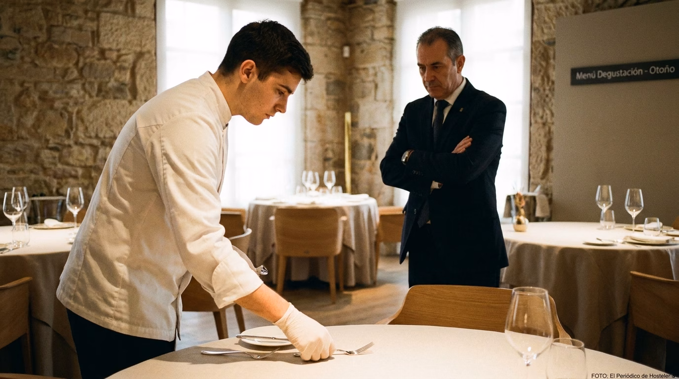 Alumno de hostelería en prácticas colocando cubertería en una mesa de restaurante de alta gama bajo la supervisión de un maitre