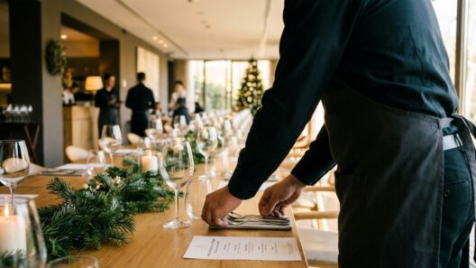Camarero colocando copas y cubiertos en una larga mesa preparada para una cena de grupo en un restaurante decorado para Navidad