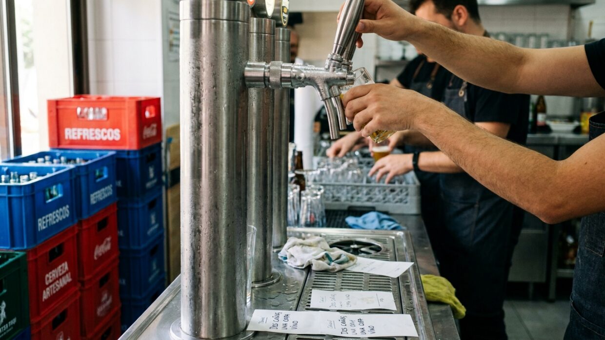 Grifos de cerveza y botellas de refresco alineados en la barra de un local de restauración organizada durante el servicio