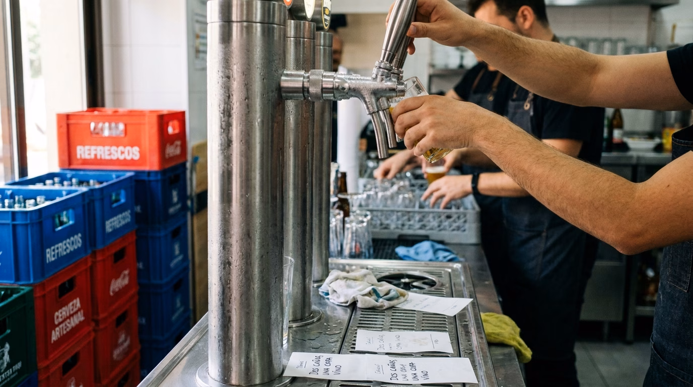 Grifos de cerveza y botellas de refresco alineados en la barra de un local de restauración organizada durante el servicio