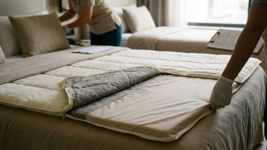 Colchón con topper reversible parcialmente extraído mostrando sus dos caras de tejido diferente sobre una cama de habitación de hotel.