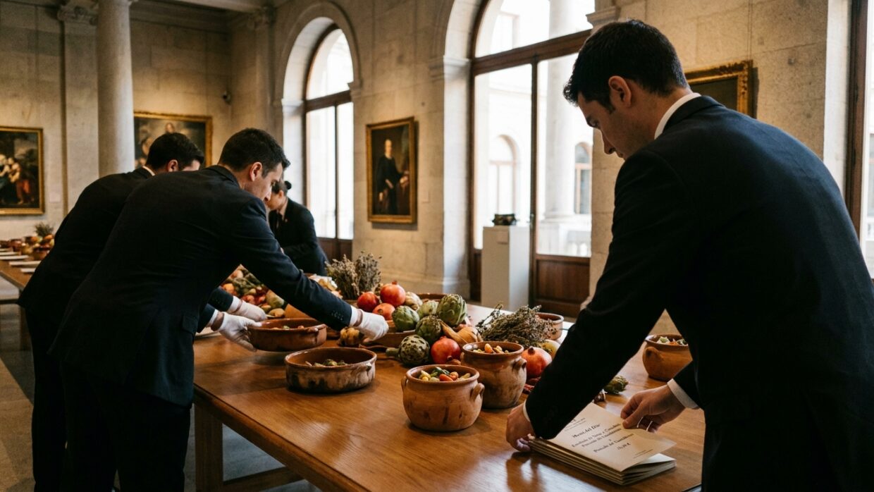Platos tradicionales españoles sobre una mesa de madera rústica durante una gala gastronómica, con camareros de espaldas sirviendo al fondo de un salón iluminado.
