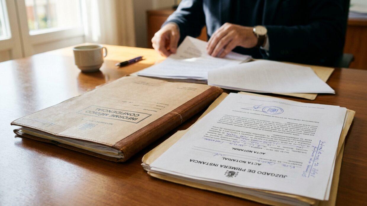 Documentos judiciales sobre una mesa de despacho junto a un maletín de médico de empresa, sin personas identificables