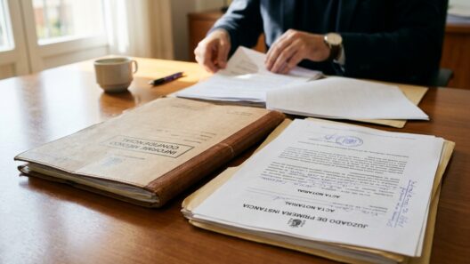 Documentos judiciales sobre una mesa de despacho junto a un maletín de médico de empresa, sin personas identificables
