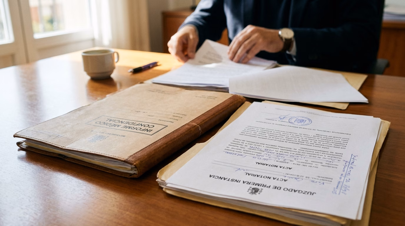 Documentos judiciales sobre una mesa de despacho junto a un maletín de médico de empresa, sin personas identificables